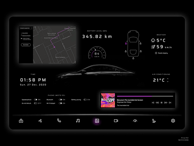 Daily UI #34: Car Interface air conditioning black car ui clock dailyui dailyuichallenge dashboard day 34 dribbble popular gps tracker music player ui on off switch pink purple speedometer typography uiux user experience design uxui weather forecast
