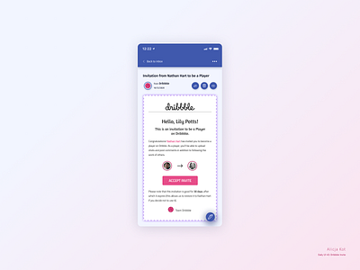 Daily UI #40: Dribbble Invite cta button dailyui dailyuichallenge day 40 dribbble invitation dribbble popular e mail email app gradient color invitation design material design materialdesign mobile app design neumorphism ui pink logo social media typography usability usable user experience design