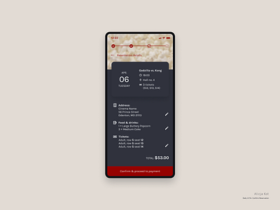 Daily UI #54: Confirm Reservation card cinema concept confirmation cta button daily ui day 54 dailyui dailyuichallenge dark mode mobile app design mockup movies app reservation simple clean interface summary tickets typography uiux usable uxuidesign