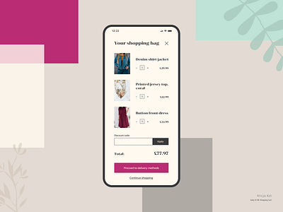 Daily UI #58: Shopping Cart dailyui dailyuichallenge day 58 dribbble popular ecommerce fashion app flat design gray mobile application design mockup online store commerce pink purple shopping bag simple clean interface typography uiux usable user experience design uxui
