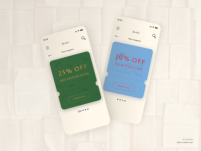 Daily UI #61: Redeem Coupon beige blue book store books coupon coupon code coupon codes dailyui dailyuichallenge day 61 discount coupons and vouchers ecommerce app golden green mobile app ui design neumorphism paper special offer special offers typography