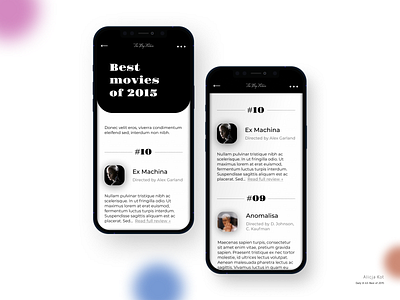 Daily UI #63: Best of 2015 article page black and white cinema dailyui dailyuichallenge dribbble popular list mobile app design mockup movies movies app ranking top 10 top ten typography uiux uiuxdesign user interface ui uxui uxuidesign