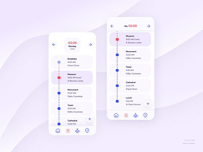 Daily UI #79: Itinerary application dailyui dailyuichallenge day 79 graphic design minimalist mobile app mobile design planning purple gradient simple clean interface travel app typography ui uiux usable user experience design ux uxui web design