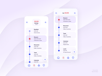 Daily UI #79: Itinerary application dailyui dailyuichallenge day 79 graphic design minimalist mobile app mobile design planning purple gradient simple clean interface travel app typography ui uiux usable user experience design ux uxui web design