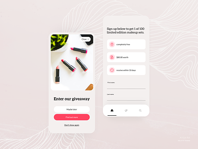 Daily UI #97: Giveaway beige bottom navigation cosmetics cta button daily ui 97 dailyui dailyuichallenge day 97 ecommerce form give away graphic design lipstick makeup mobile design nav bar pink red uiux uxui