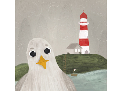 Small house with a lighthouse and a cute seagull art artist artwork cute cute art drawing house illustration illustrator lighthouse seagull