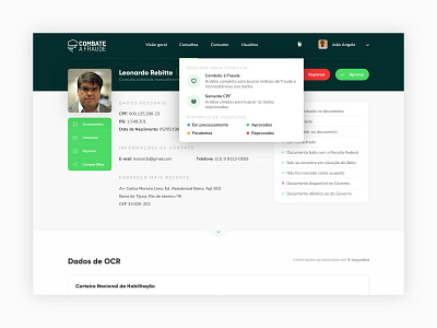 Combate a Fraude • Profile caf dashboard desktop dropdown fraude menu rebitte ui ux