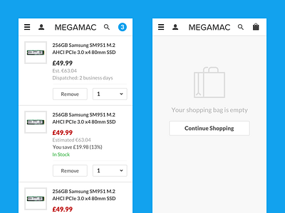 Ecommerce Shopping Bag + Empty State app clean conversion design ecommerce empty state responsive simple ui
