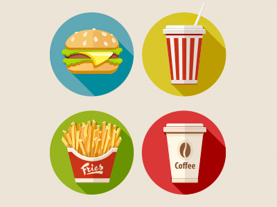 Hamburger, fries and drinks flat icons set. Vector illustration