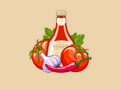 Tomato ketchup icon with ingredients - vector tometoes ketchup packaging bottle vector icons illustration