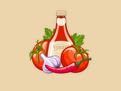 Tomato ketchup icon with ingredients - vector