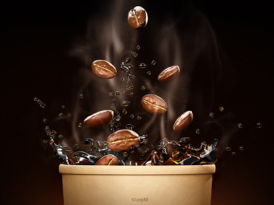 Hot coffee 3d render 3d 3d art branding coffee coffee bean coffee cup design illustration realistic render splash
