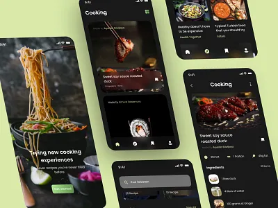 Cooking - Recipe App Design app branding clean dark design elegant food glass graphic design illustration logo minimalist mobile recipe ui userinterface userxperience ux vector web