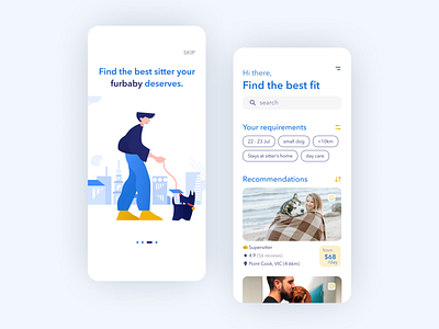 Pet-sitting App UI Design app ui cleanui dog dog walking fur baby homescreen onboarding onboarding screen pet pet care pet sitting petsitting uidesign