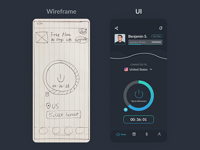 VPN App UI Design appdesign darkmode figma mobiledesign progressbar reward timer ui userexperience ux vpn vpn app wireframe