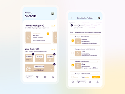 Logistics/Package Consolidation App UI Design app design consolidation delivery service delivery status distribution figma iosdesign logistics logistics company mobiledesign orderstatus package parcel shipping tracking ui ux