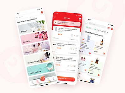 E-commerce App UI Design beauty beauty app cart cart page category category page checkout ecommerce ecommerce app ios app lady app millennials mvp pastel pastel colours product page tabbar ux value wishlist