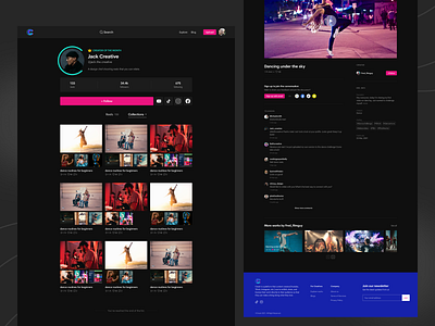 Video platform UX/UI Design (Dark theme) collection comment section dark mode dark theme dark ui dashboard detail page grid layout platform profile profile page reel social media logo tablet ui ux video video page webapp