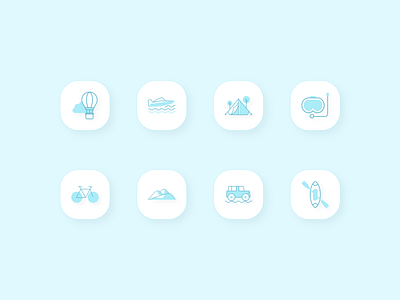 Discover - Travel icons 2d 3d 3d icon branding clean cycling design flat green kayak logo minimal modern surfing travel travel app travel icon turquoise typography