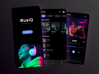 MusiQ - Music Streaming Platform dark mode dark ui latest ui listen minimal mobile app mobile app 2022 music music player music stream new mobile app night mode podcast podcasting streaming