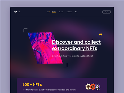 ART - NFT Marketplace art gallery blockchain crypto cryptocurrency dark mode gallery marketplace minimal modern nft nft collection nft market nft marketplace nft website non fungible tokens