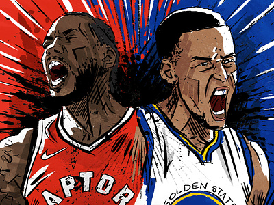 Leonard v Curry: NBA finals 2019 basketball illustration penandink portrait