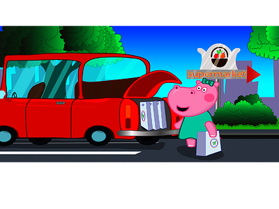 hippo background branding car flat illustration promo vector