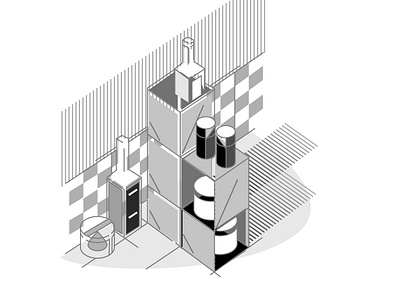 Blox Style 3d checkboard drawing kitchen line art oil pepper salt seaonings tiles vector vinegar