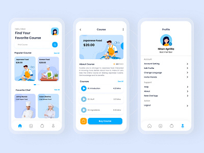 Chef App (Food Course App) app app design blue chef chef app course app courses education education app educational food app food course learning app learning platform online course study studying ui ux uidesign yellow