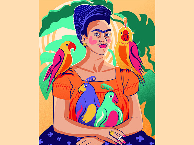 Frida Kahlo Me and my parrots 2d illustration adobe illustrator cc digital illustration editorial illustration freelance illustrator frida grain texture illustration portrait illustration surface design vector art vector illustration wacom cintiq