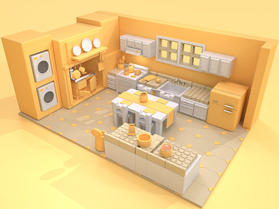 kitchen in yellow 3d 3d modeling animation c4d design motion graphics
