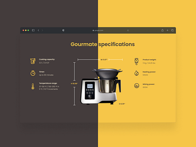 Product section with specifications for the cooking machine