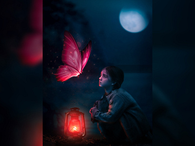 A Child's Curiosity || A Fantasy Photoshop Manipulation adobe adobe photoshop butterfly child dribbble fantasy fantasy art manipulation night photo photography photoshop photoshop editing sky speedart