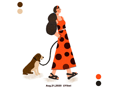 Girl walking a dog drawing illustration イラスト 插画