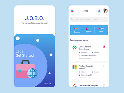 Job Search App - JOBO android app bag blue branding card design gradient illustration job linear mobile app mobile ui modern onboard search ui ui design user interface work