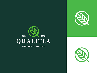Qualitea Logo branding green handcrafted logotype minimal nature logo organic q logo tea leaf tea logo typography