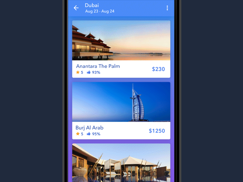 Hotel app cards android animation app card concept flat gif hotel list material ui