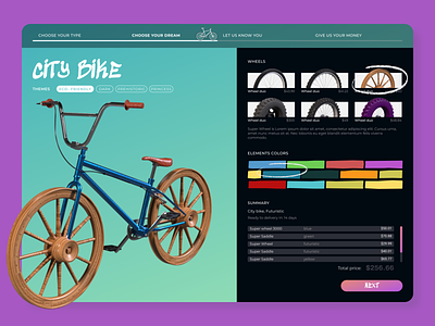 Pimp my bike april fools day bike brutalism clients design eco friendly features funny haha illustration payment personalization price product design redesign summary ui ux wizard