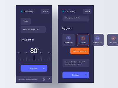 Fitness App Chatbot app card chat chatbot clean communication conversation dark icon interface ios messages messenger minimal mobile modern night mode onboarding ui ux