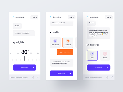 Onboarding Chatbot app blue chat chatbot clean comunication conversation interface ios message minimal mobile onboarding orange simple trainer ui ux virtual welcome