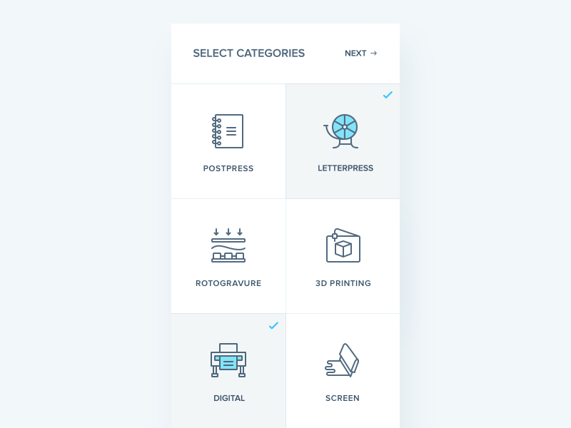 Animated categories icons animation categories icons intro mobile app navigation outline illustration prototype screen tour