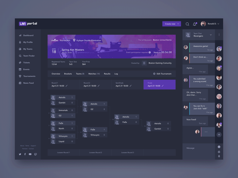 Tournament brackets interaction animation brackets dashboard e sport game gaming interaction interface tournament ui ux