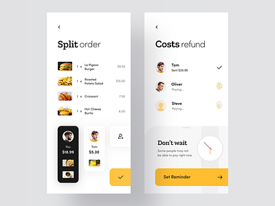 Split Pay App app cards concept design food interface ios iphone minimal mobile pay restorant ui ux yellow