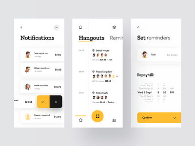 Split Pay in Restaurant app black clean concept design food interface ios iphone minimal mobile notifications pay receipt reminder restaurant timeline ui ux yellow