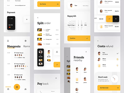 Split Check App - Overview animation app cards clean concept design food interaction interface ios iphone minimal mobile pay product design restaurant scan ui ux yellow