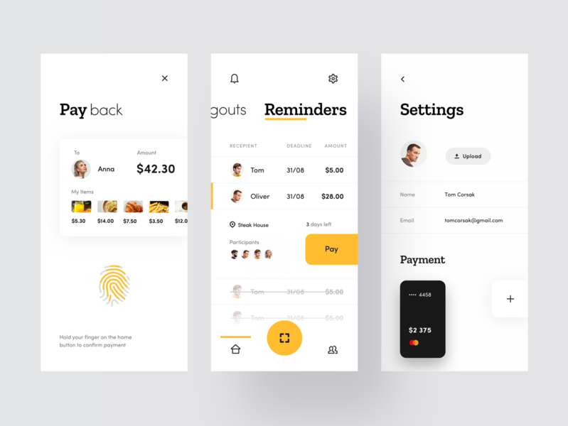 Split Check App app application bill cards check clean concept fingerprint food interface ios minimal mobile modern product design restaurant typogaphy ui ux yellow