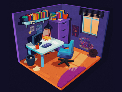 workspace concept digital illustration digitalart messy purple room teenage room work from home workspace