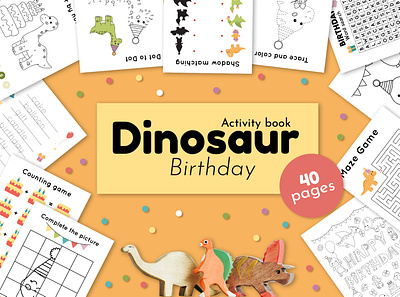 Dinosaur Birthday activity book for kids activity adobe illustrator birthday book cartoon children coloring coloring page crossword design dinosaur illustration labyritnh maze party printable worksheet