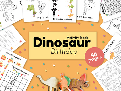Dinosaur Birthday activity book for kids activity adobe illustrator birthday book cartoon children coloring coloring page crossword design dinosaur illustration labyritnh maze party printable worksheet