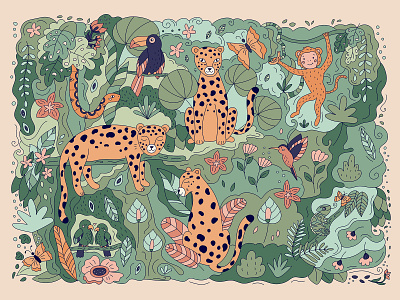 Doodle jungle art adobe illustrator animals art background cartoon character childish doodle exotic graphic hand drawn illustration jungle leopard monkey nursery poster rainforest snake vector